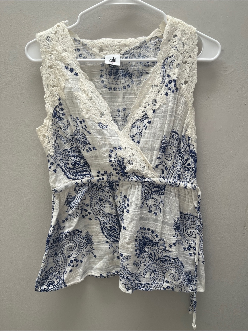 CAbi Cream and Navy Lace-Trim Wrap blouse